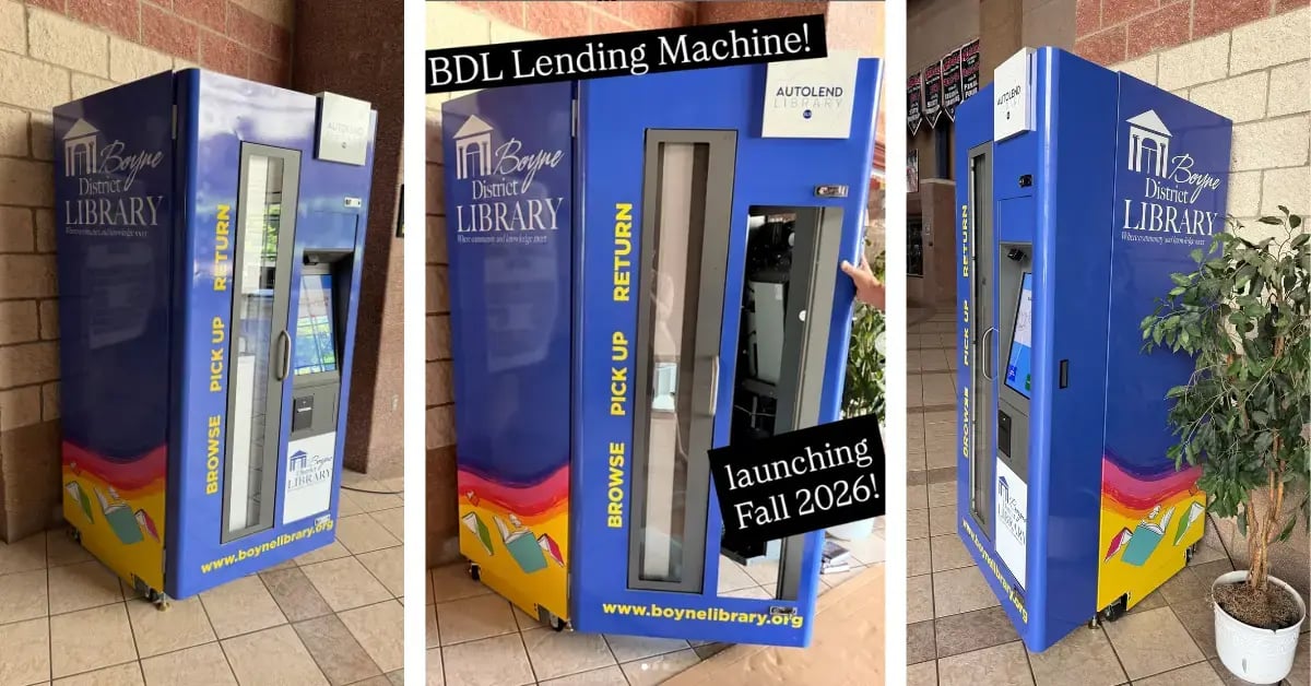 AutoLend self-service library kiosk installed at Boyne City High School by Boyne District Library.