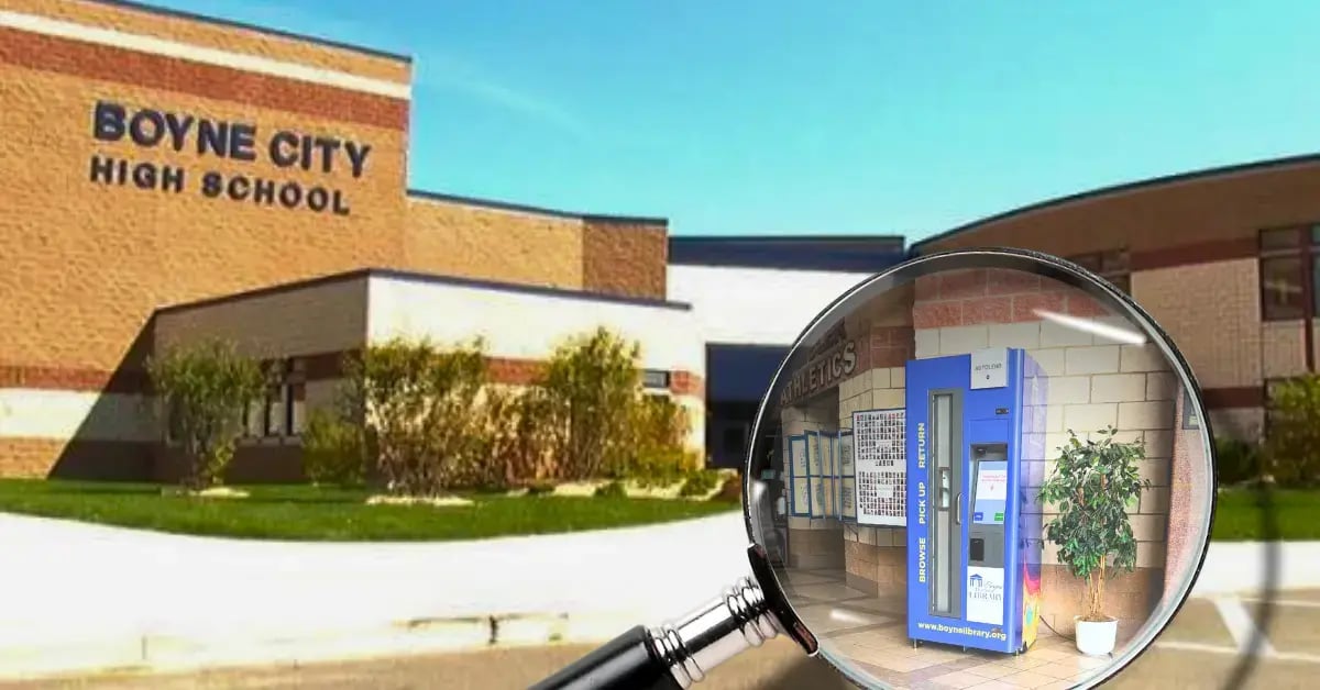 AutoLend self-service library kiosk installed at Boyne City High School by Boyne District Library.