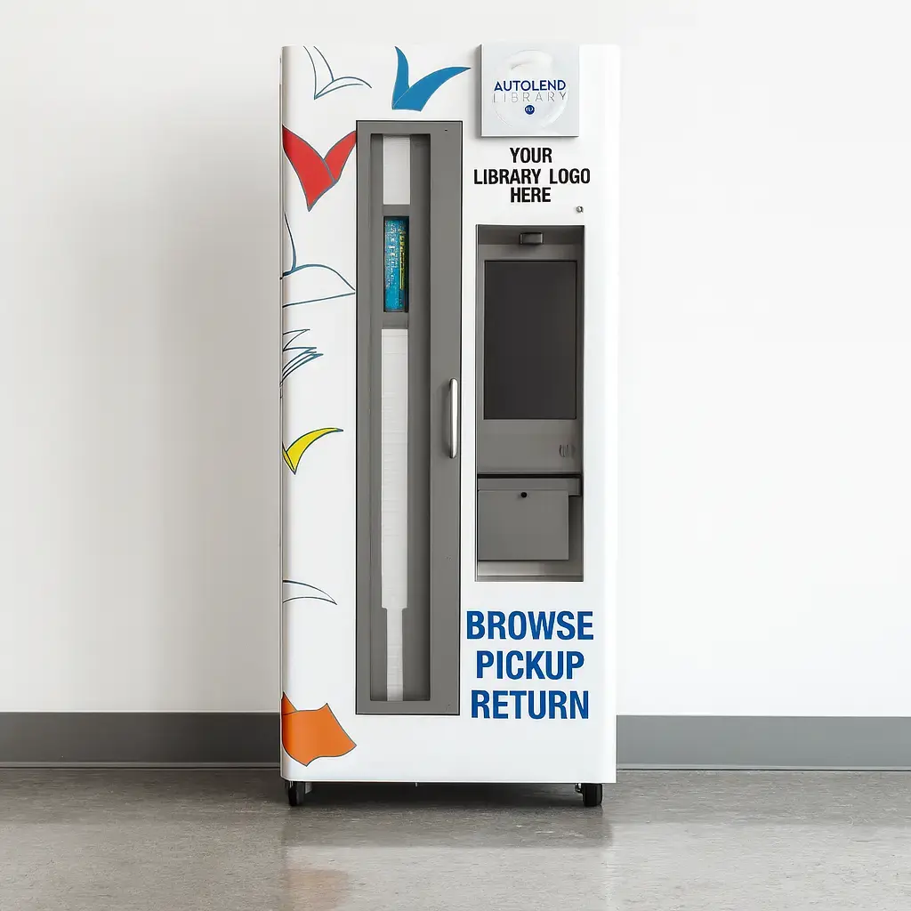 ILS AutoLend Library Kiosk Book Vending Machine on white wall square